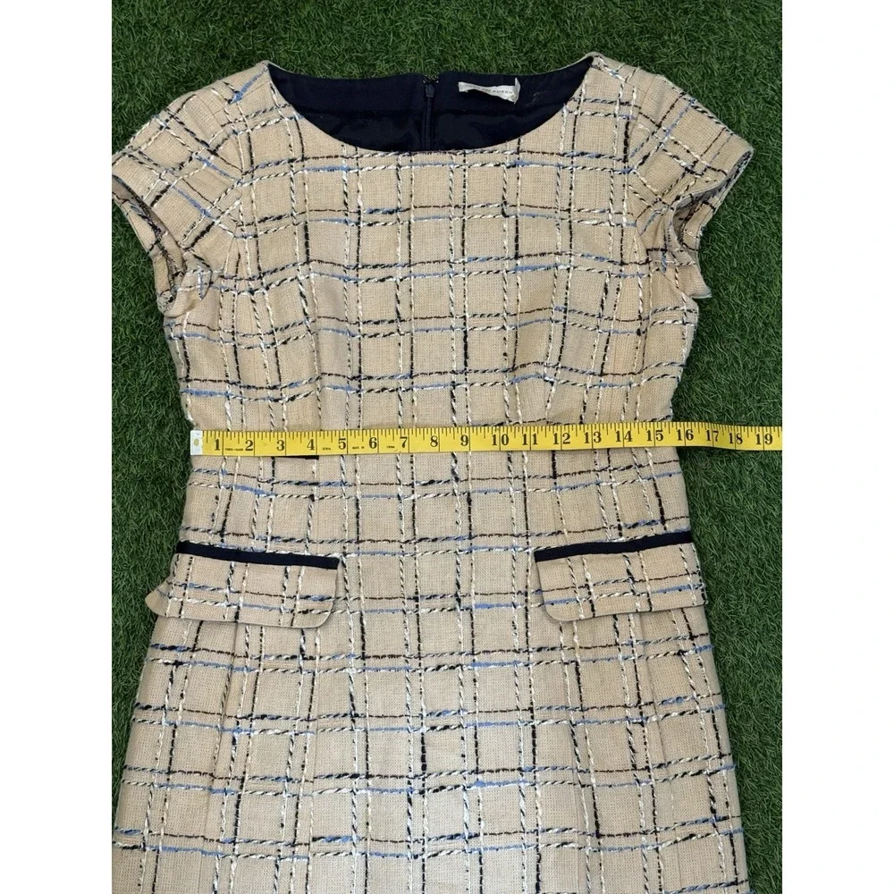 Tory Burch Evie‎ Career Dress Size 10 Woven Neutral Tan Blue Quiet Luxury